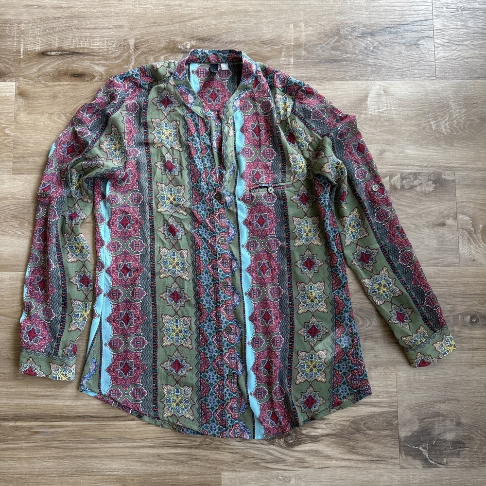 Kut from the Kloth Geo Design Sheer Button-Up Blouse Size S Boho Style
